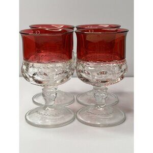 Set Of 4 Vintage Kings Crown Ruby Red Flash Thumbprint Water/Wine Goblets 4.25”